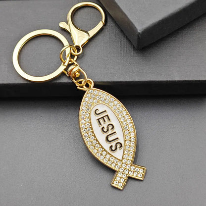 Cartoon Metal Fish Shaped Keychain Originality I Love Jesus Letter Keyring Shining Car Creative Key Chain Ring Souvenir Gift