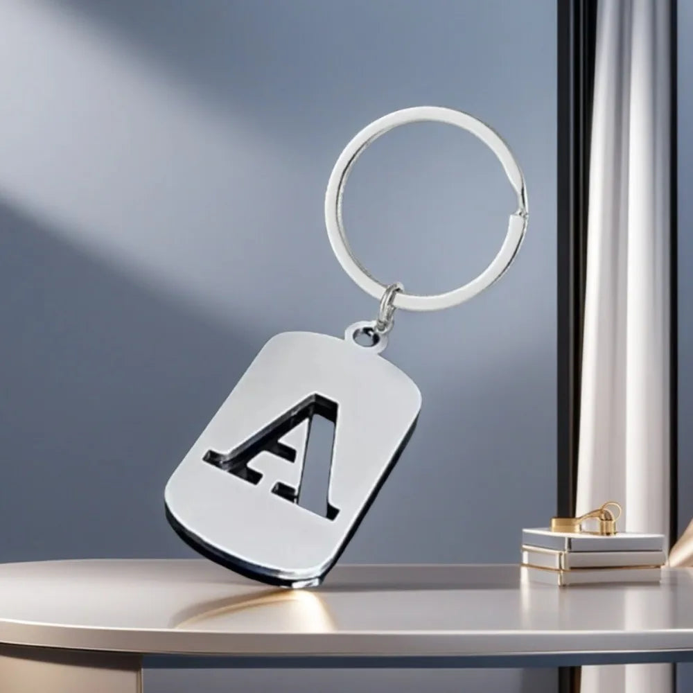 Popular A-Z Square Brand Stainless Steel Keychain 26 Letter Keyring Pendant Key Ring Buckle Chains for Car Motorcyle Gift