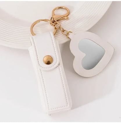 New Portable Lipstick Bag Packet Heart Mirror Keychain Mini Leather Custom Logo Name Key Chain Ring Small Versatile Keyring Gift