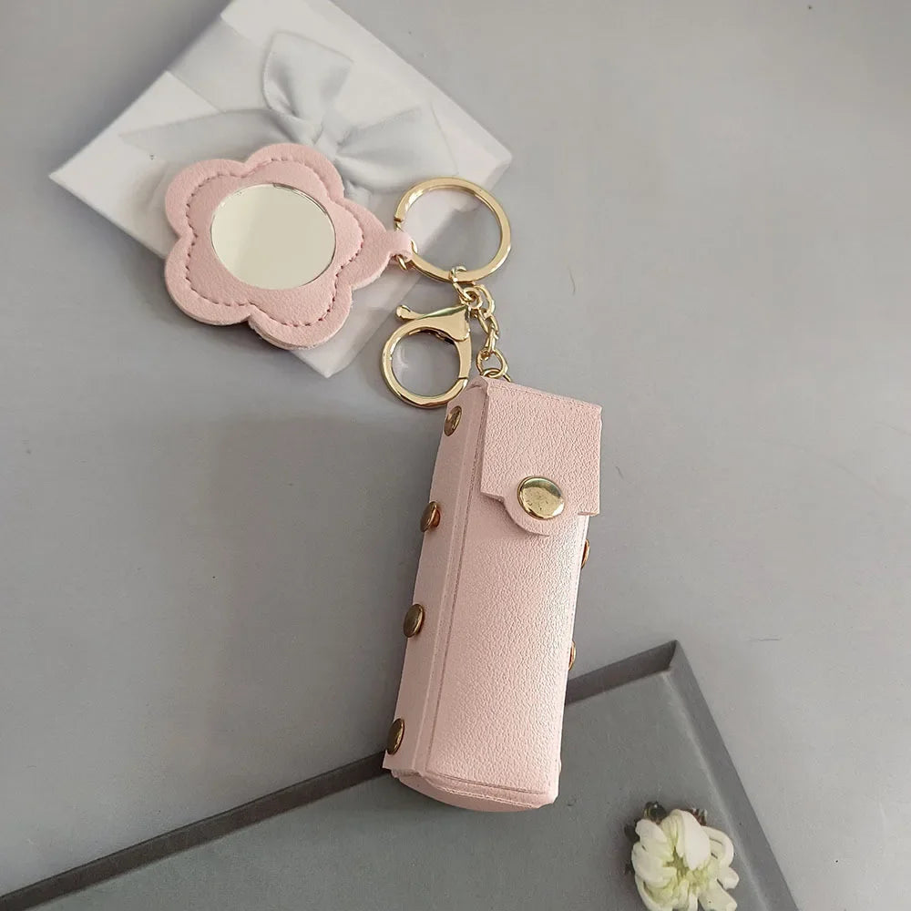 New Portable Lipstick Bag Packet Flower Mirror Keychain Mini Leather Backpack Hangings Key Chain Ring Small Keyring Gift