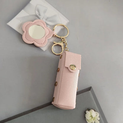 New Portable Lipstick Bag Packet Flower Mirror Keychain Mini Leather Backpack Hangings Key Chain Ring Small Keyring Gift