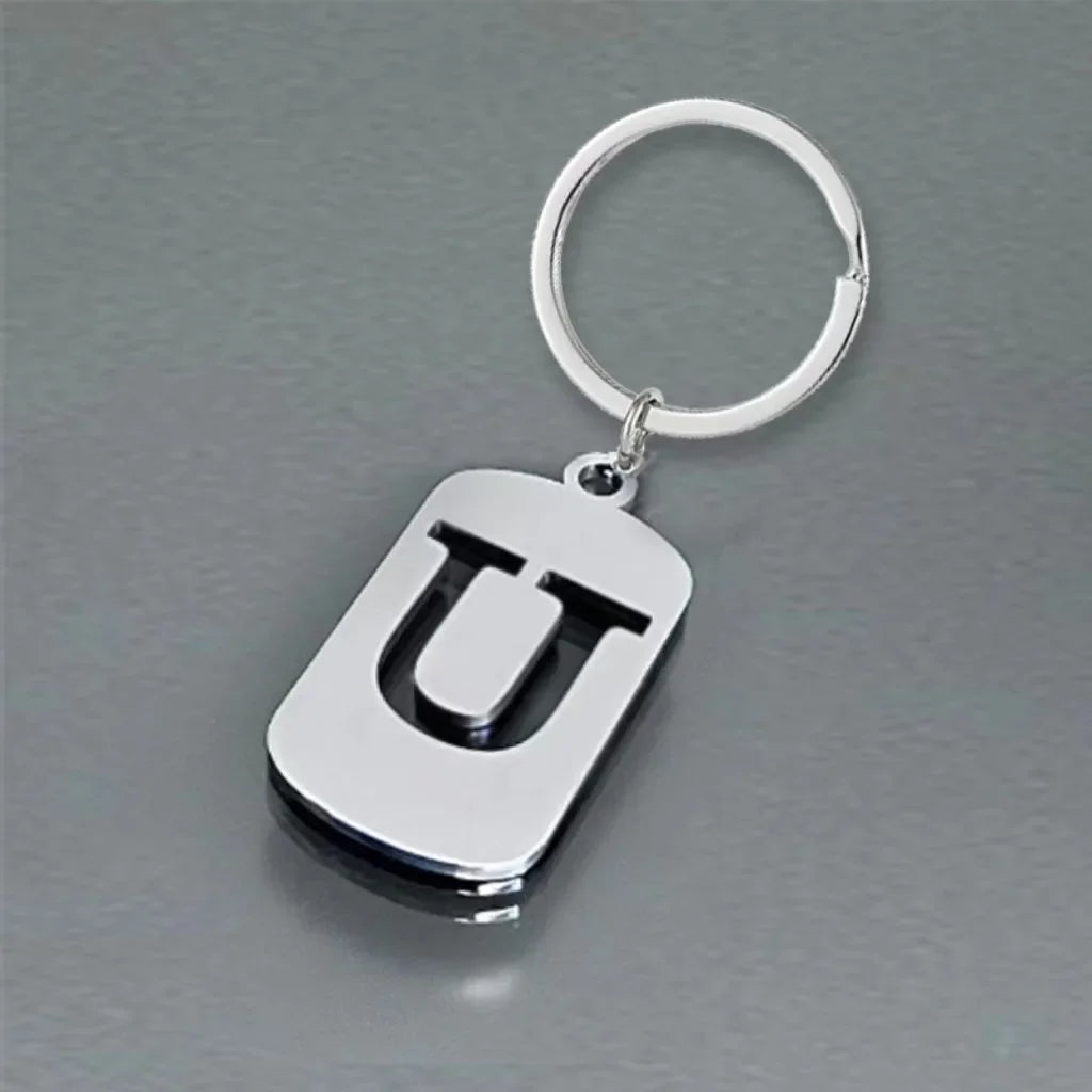 Popular A-Z Square Brand Stainless Steel Keychain 26 Letter Keyring Pendant Key Ring Buckle Chains for Car Motorcyle Gift