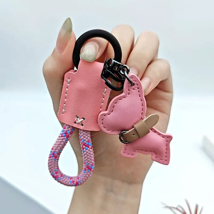 Cartoon Law Fighting Dog Keychain Woven Rope Keyring Custom Name Leather Key Chain Ring Scratch Resistant Prevent Loss Bag Gift