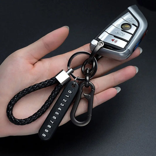 Trendy DIY Mobile Phone Number Plate Keychain Simple Woven Rope Leather Pendant Keyring Anti-lost Car Moto Key Chain Ring Gift