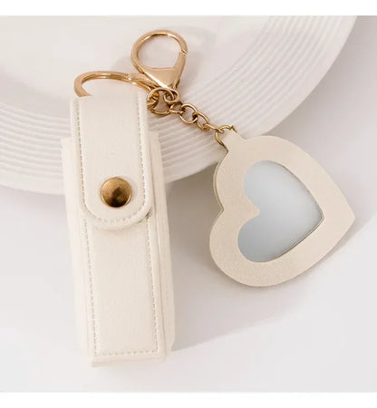 New Portable Lipstick Bag Packet Heart Mirror Keychain Mini Leather Custom Logo Name Key Chain Ring Small Versatile Keyring Gift