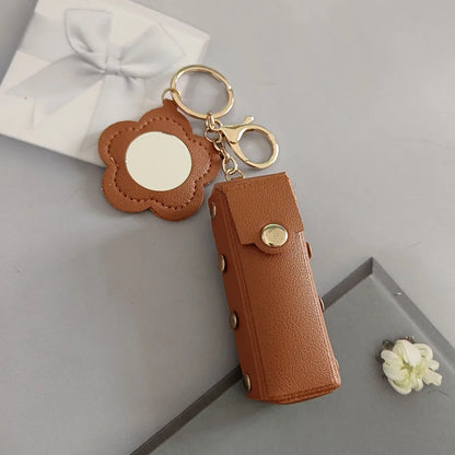New Portable Lipstick Bag Packet Flower Mirror Keychain Mini Leather Backpack Hangings Key Chain Ring Small Keyring Gift