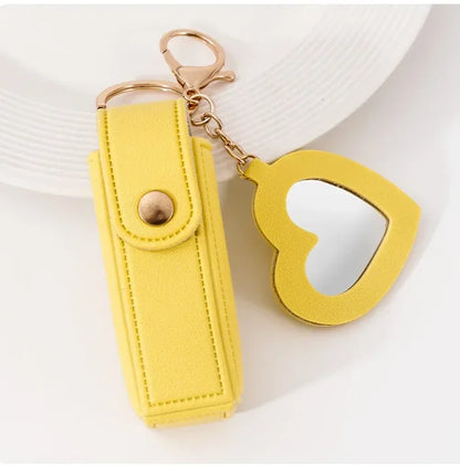 New Portable Lipstick Bag Packet Heart Mirror Keychain Mini Leather Custom Logo Name Key Chain Ring Small Versatile Keyring Gift