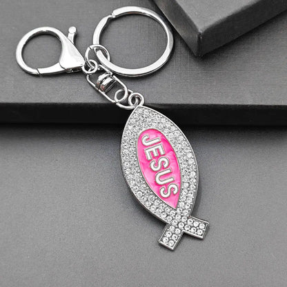 Cartoon Metal Fish Shaped Keychain Originality I Love Jesus Letter Keyring Shining Car Creative Key Chain Ring Souvenir Gift