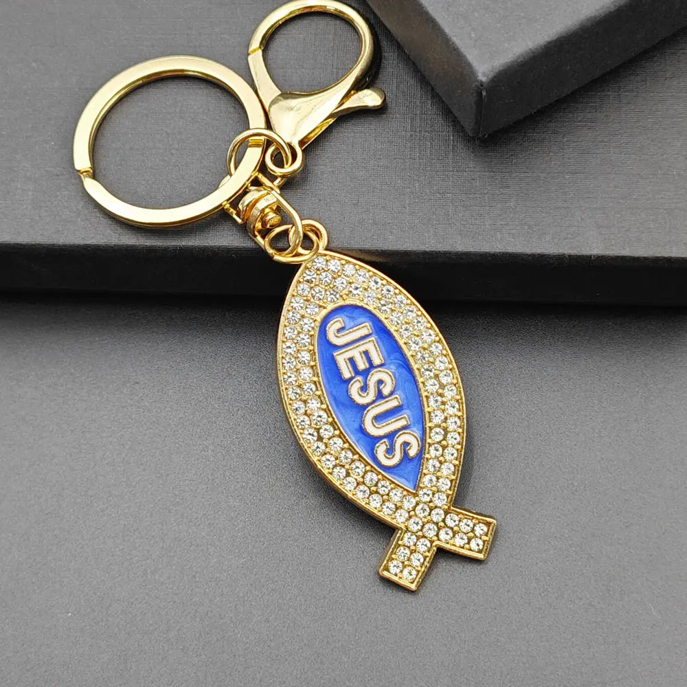 Cartoon Metal Fish Shaped Keychain Originality I Love Jesus Letter Keyring Shining Car Creative Key Chain Ring Souvenir Gift