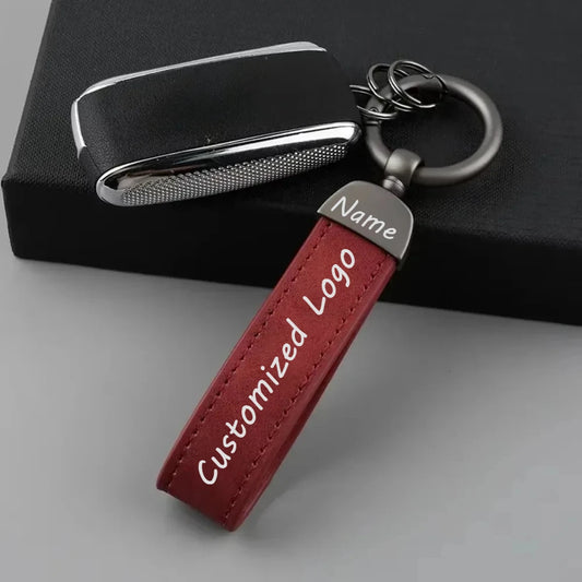 Custom Logo Name Solid Color Keychain Leather Car Business Metal Keyring Head Multi-color Optional Key Buckle Ring Chain Gift