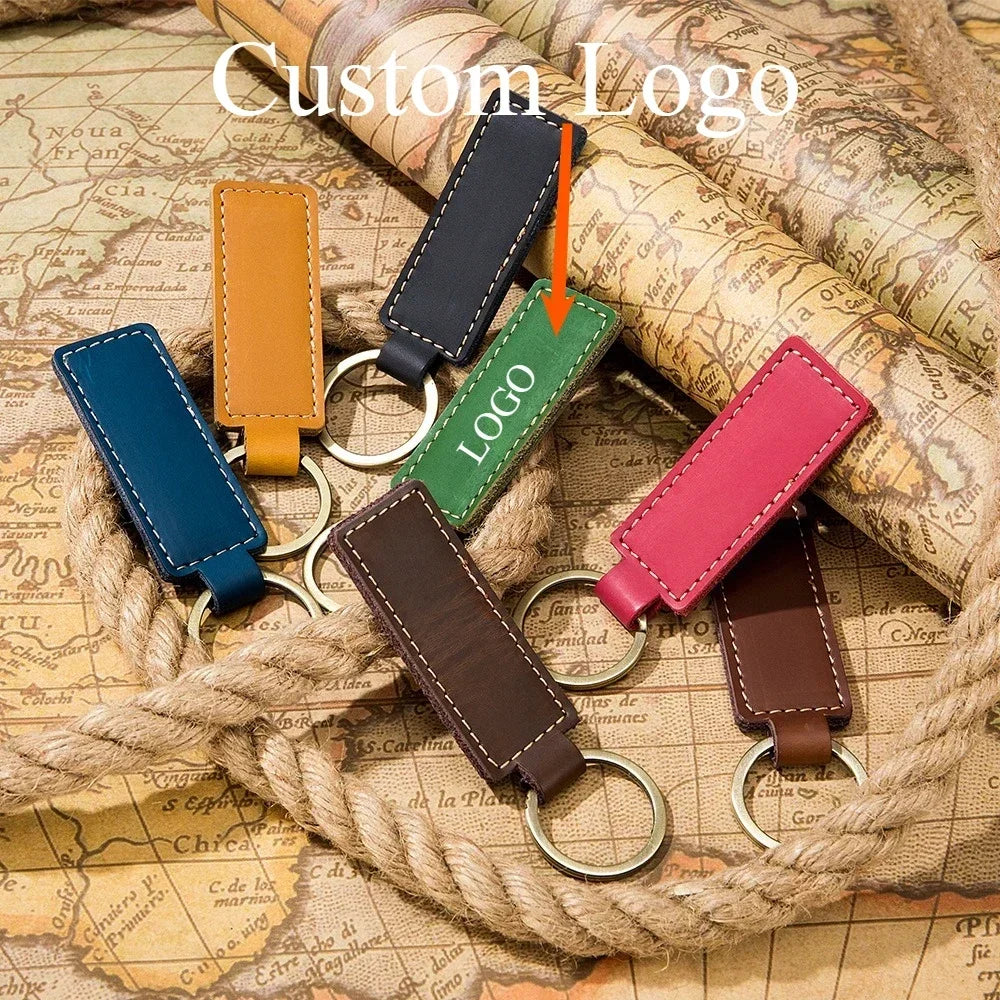 Customized Name Logo Multi Solid Color Retro and Minimalist Leather KeyChain Car Motorcycle Family Keyring Men and Women Gift