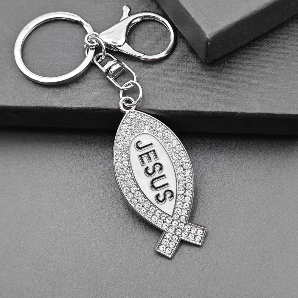 Cartoon Metal Fish Shaped Keychain Originality I Love Jesus Letter Keyring Shining Car Creative Key Chain Ring Souvenir Gift