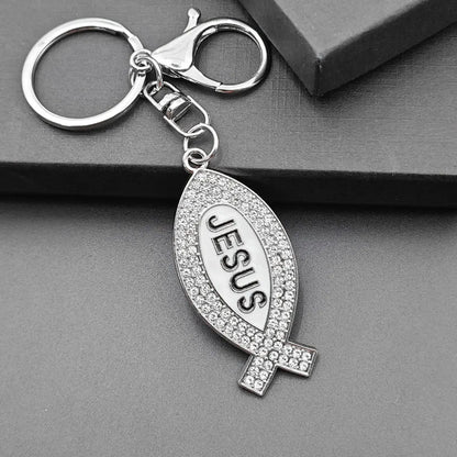 Cartoon Metal Fish Shaped Keychain Originality I Love Jesus Letter Keyring Shining Car Creative Key Chain Ring Souvenir Gift
