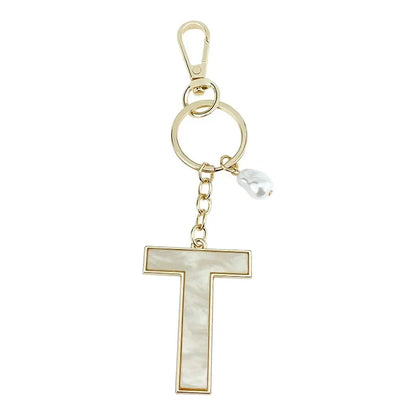 Fashion Pendant Keychain with Luxury Pearl Decoration A-Z Initials Keyring Couples Metal Initial Pendant DIY Gift for Men Women