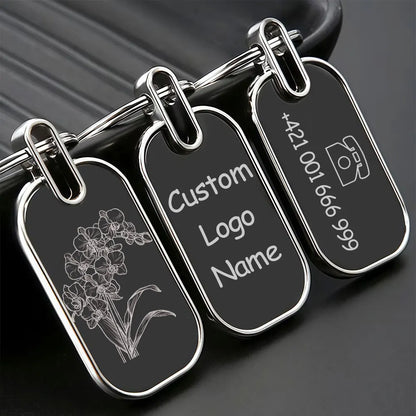 10pcs Custom Logo Name Keychain Metal Black Personalized Keyring Plate Laser Marking Engraving Stainless Key Chain Ring Gift