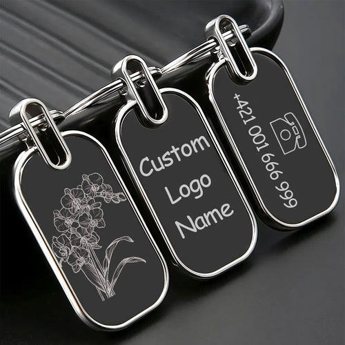 10pcs Custom Logo Name Keychain Metal Black Personalized Keyring Plate Laser Marking Engraving Stainless Key Chain Ring Gift