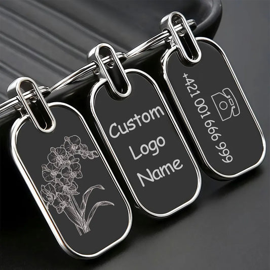10pcs Custom Logo Name Keychain Metal Black Personalized Keyring Plate Laser Marking Engraving Stainless Key Chain Ring Gift