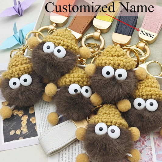 Kawaii Mink Fur Lanyard Custom Name Keychain Cute Briquettes Fluffy Keyring Fairy Toy Key Chain Ring Mini Plush Gift