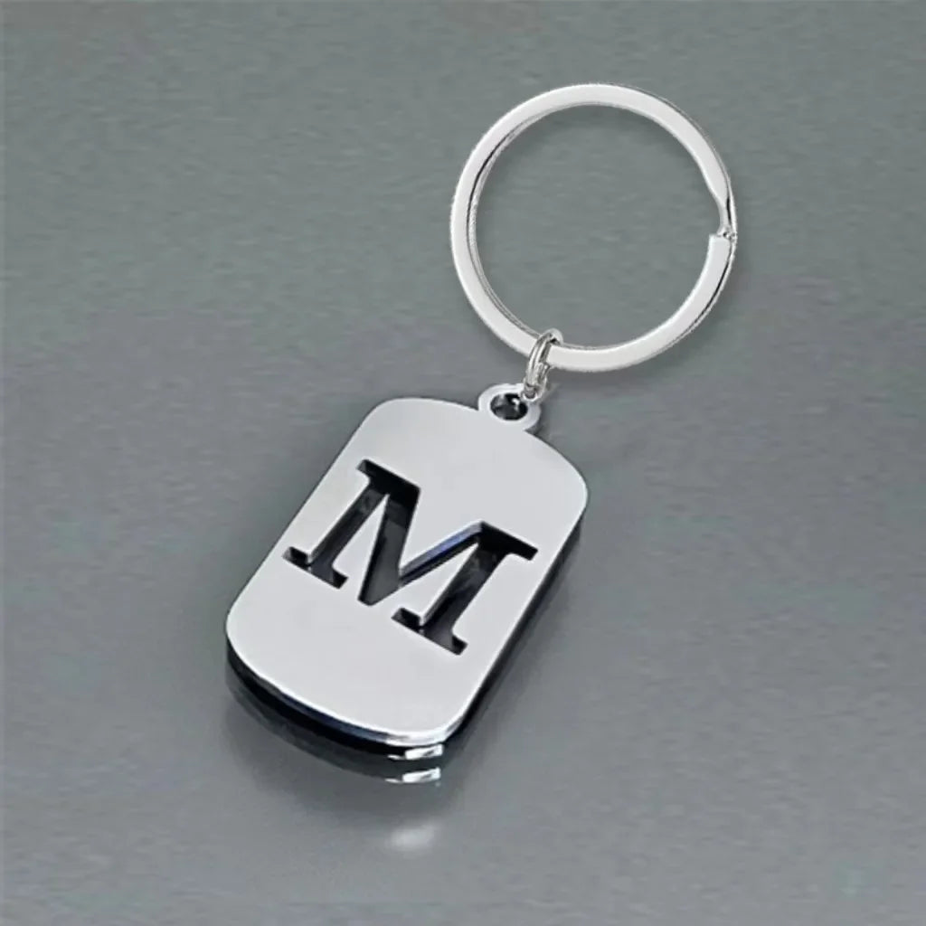 Popular A-Z Square Brand Stainless Steel Keychain 26 Letter Keyring Pendant Key Ring Buckle Chains for Car Motorcyle Gift
