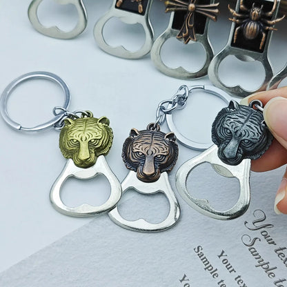 Relief Animal Bronze Color Keychain Metal Tiger Head Bottle Opener Keyring Portable Key Chain Ring for Collectible Souvenir Gift