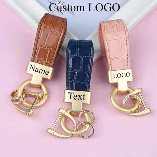 Custom Logo Name Luxury Leather Keychain PU Metal Accessories Backpack Keyring Car Motorcycle Women Girl Key Chain Ring Gift