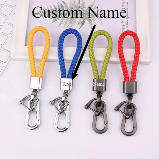Creative Idea Leather Weave Keychain Custom Logo Name Keyring Metal  Color Alloy Car Moto Upscale Key Chain Ring Lovers Gift