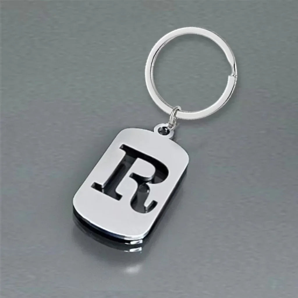 Popular A-Z Square Brand Stainless Steel Keychain 26 Letter Keyring Pendant Key Ring Buckle Chains for Car Motorcyle Gift