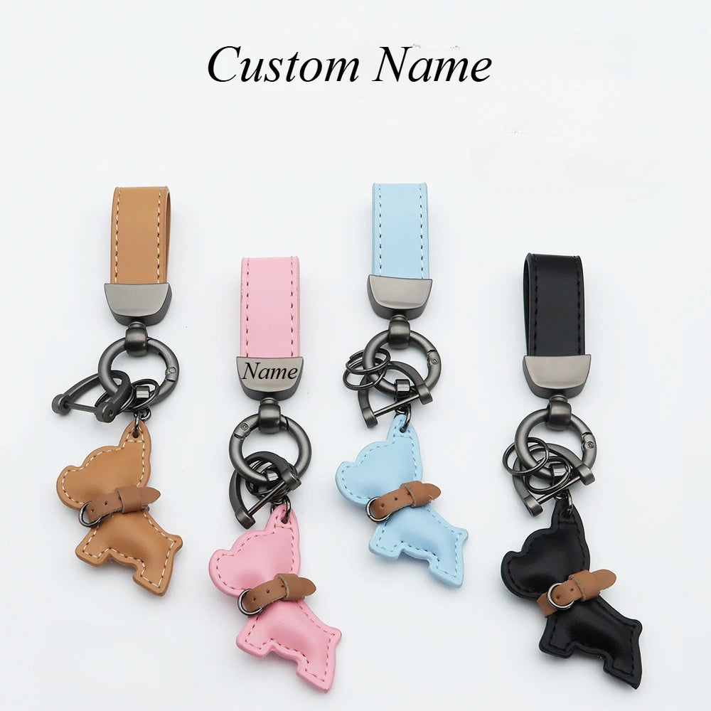 Custom Name Metal Leather Dog Keychain Pendant Moto Car Keyring Laser Engrave Text Cartoon Key Ring Chain Gift