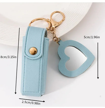 New Portable Lipstick Bag Packet Heart Mirror Keychain Mini Leather Custom Logo Name Key Chain Ring Small Versatile Keyring Gift