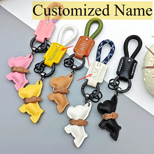 Cartoon Law Fighting Dog Keychain Woven Rope Keyring Custom Name Leather Key Chain Ring Scratch Resistant Prevent Loss Bag Gift