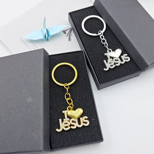 Shining Metal Jesus Heart Keychain Car Charms Keyring Bag Letter Exquisite Key Chain Ring Pendant Christian Belief Gift