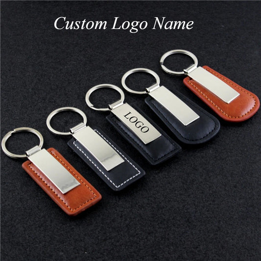 Custom LOGO Name Metal Leather Keychain Car Moto Keyring Motorcycle Pendant Key Chain Ring Gift