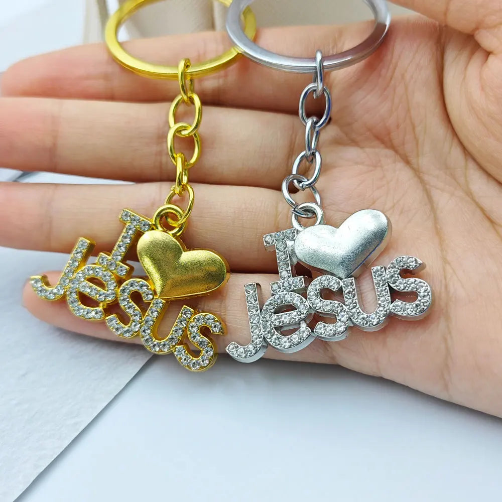 Shining Metal Jesus Heart Keychain Car Charms Keyring Bag Letter Exquisite Key Chain Ring Pendant Christian Belief Gift