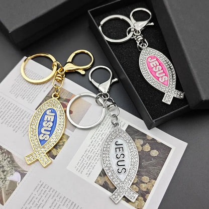 Cartoon Metal Fish Shaped Keychain Originality I Love Jesus Letter Keyring Shining Car Creative Key Chain Ring Souvenir Gift