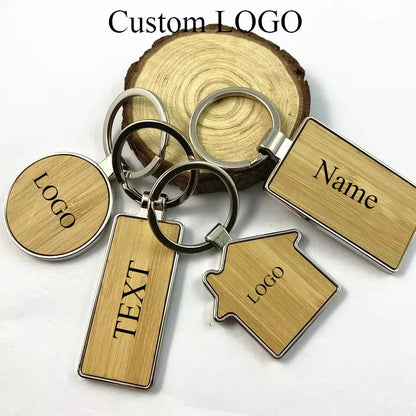 Custom LOGO Name Round Solid Beech Wood Keychain DIY Personalized Wooden Engraved Keyring Making Key Chain Ring Square Gift