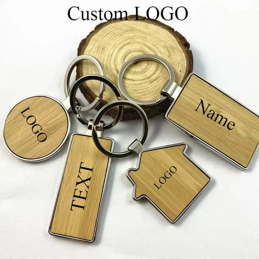 Custom LOGO Name Round Solid Beech Wood Keychain DIY Personalized Wooden Engraved Keyring Making Key Chain Ring Square Gift