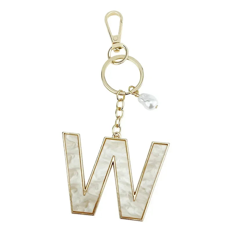 Fashion Pendant Keychain with Luxury Pearl Decoration A-Z Initials Keyring Couples Metal Initial Pendant DIY Gift for Men Women