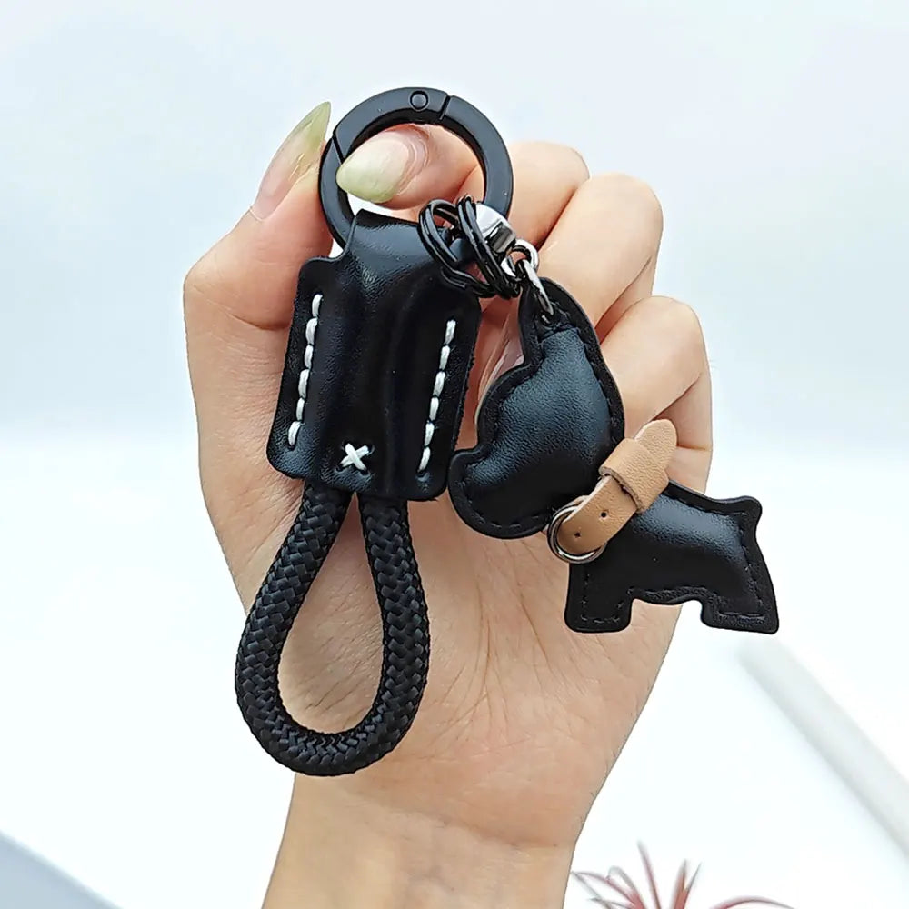 Cartoon Law Fighting Dog Keychain Woven Rope Keyring Custom Name Leather Key Chain Ring Scratch Resistant Prevent Loss Bag Gift
