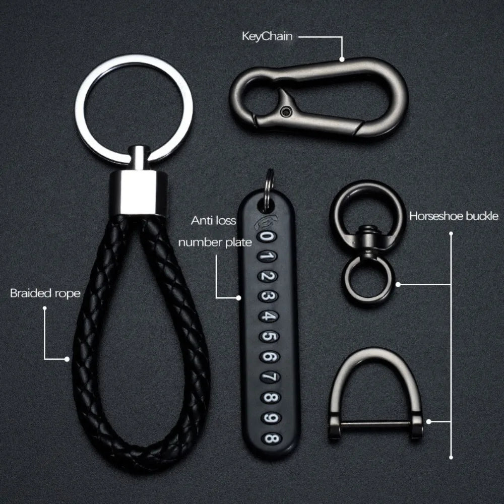 Trendy DIY Mobile Phone Number Plate Keychain Simple Woven Rope Leather Pendant Keyring Anti-lost Car Moto Key Chain Ring Gift