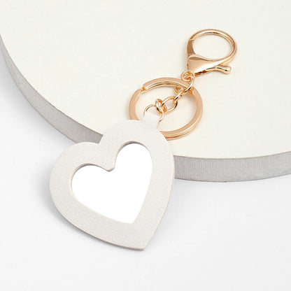 Custom  LOGO Name Leather Put on Makeup Mirror Keychain Love Core Heart Keyring for Woman Pendant Key Ring Chain Gift