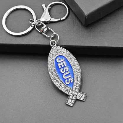 Cartoon Metal Fish Shaped Keychain Originality I Love Jesus Letter Keyring Shining Car Creative Key Chain Ring Souvenir Gift
