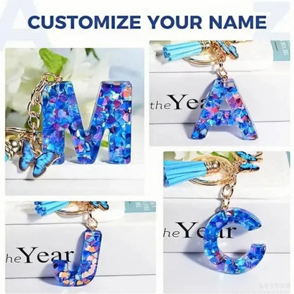 New Personalized 26 Letter Keyring Blue Y2k Cute Love Butterfly Keychain for Bag Acrylic Pendant Key Ring Chain Gift