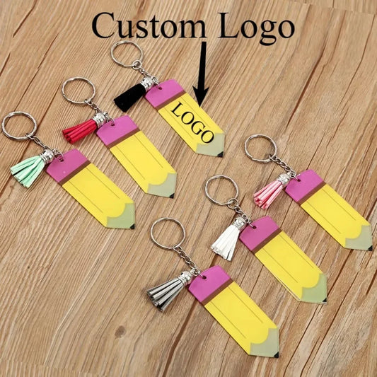 Hot Personalized Custom Pen Acrylic Logo Name Keychain Engraved Engraving Keyring Key Chain Ring Pencil Tassels Metal Gift