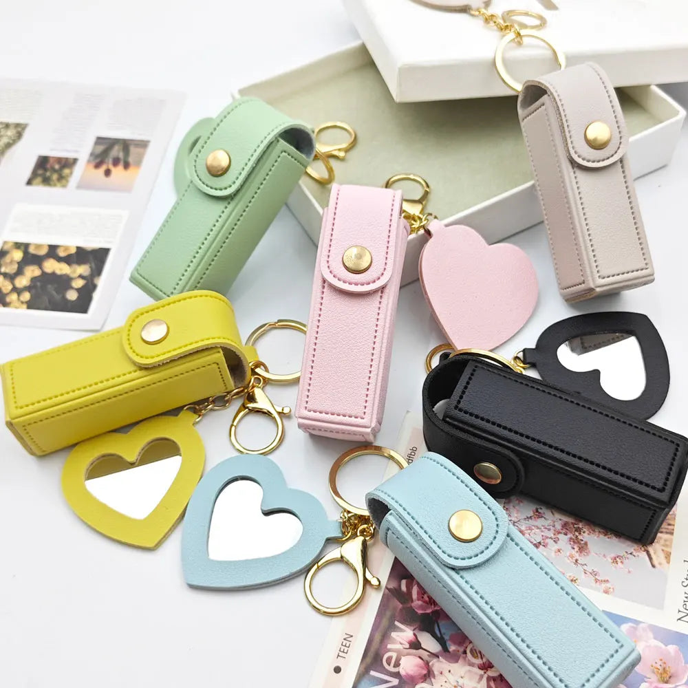 New Portable Lipstick Bag Packet Heart Mirror Keychain Mini Leather Custom Logo Name Key Chain Ring Small Versatile Keyring Gift