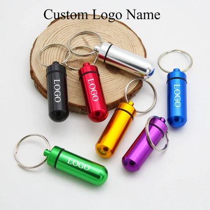 Custom Logo Name Portable Medicine Bottle Metal Mini Pendant Keychain Hanging Bottle Seal Up Waterproof Container Keyring Gift