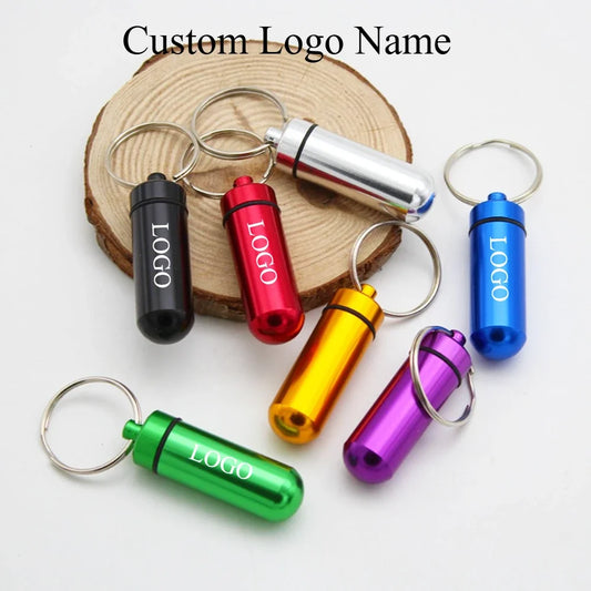 Custom Logo Name Portable Medicine Bottle Metal Mini Pendant Keychain Hanging Bottle Seal Up Waterproof Container Keyring Gift