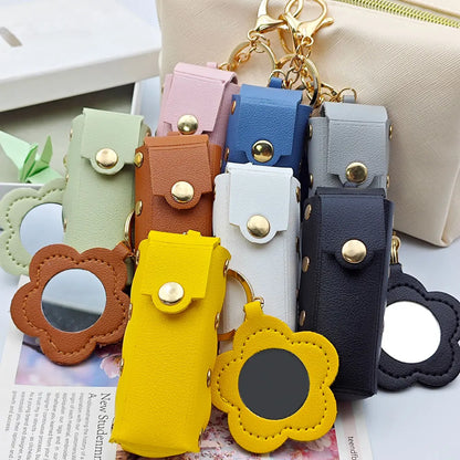 New Portable Lipstick Bag Packet Flower Mirror Keychain Mini Leather Backpack Hangings Key Chain Ring Small Keyring Gift