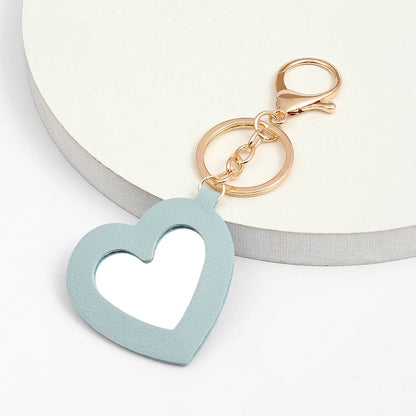 Custom  LOGO Name Leather Put on Makeup Mirror Keychain Love Core Heart Keyring for Woman Pendant Key Ring Chain Gift