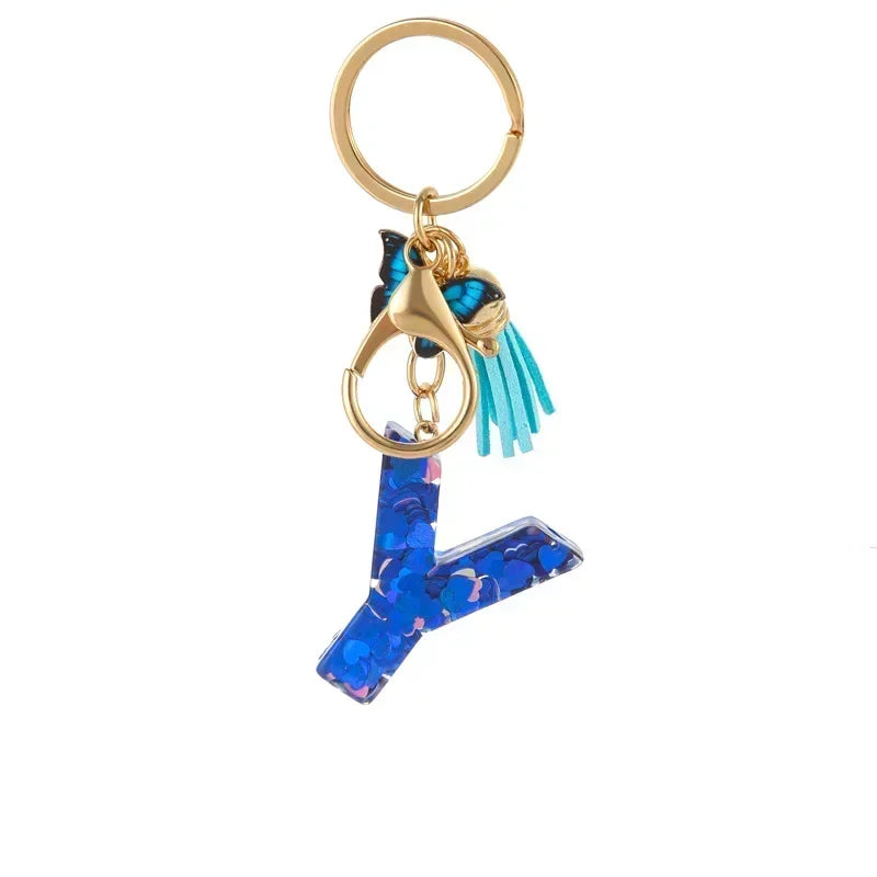 New Personalized 26 Letter Keyring Blue Y2k Cute Love Butterfly Keychain for Bag Acrylic Pendant Key Ring Chain Gift