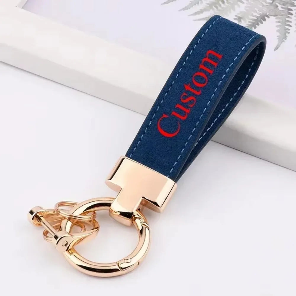 Custom Logo Name Suede Leather Metal Keychain Personalized Buckle Car Moto Keyring Woman Man Key Ring Chain Gift